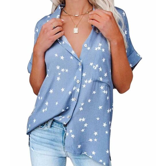 By Together M Star Print Blue Button-Up Shirt With Cuffed Sleeves & Chest Pocket - Picture 1 of 6
